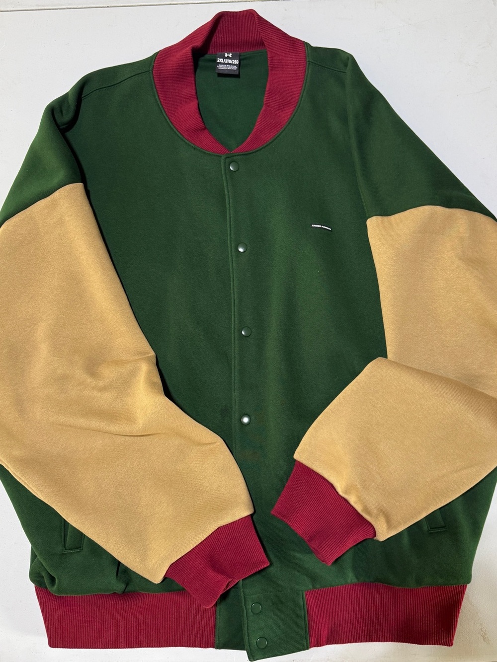 Under Armour Green Colorblock Bomber Jacket with Tan Sleeves and Burgundy Trim